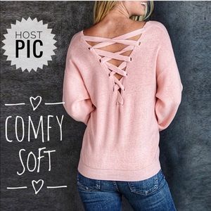 Simply Couture Sweaters - 🎉HP🎉 Pink Lace-Up Back V-Neck Sweater XL Simply Couture Sweaters - 🎉HP🎉 Pink Lace-Up Back V-Neck Sweater XL